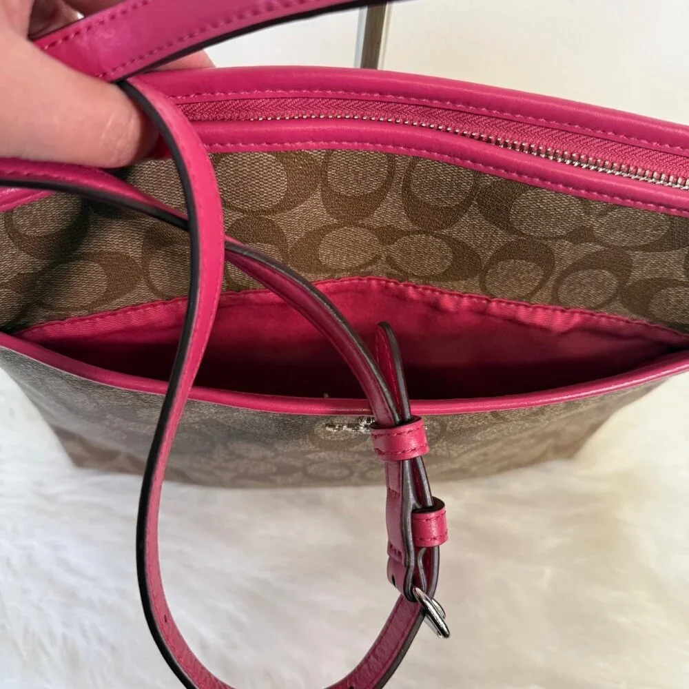 Coach Large File Shoulder Bag Signature PVC Canvas Khaki Dahlia Pink F58297